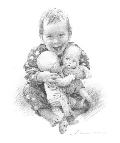 happy baby with dolls pencil portrait from a photo by portrait artist Mike Theuer