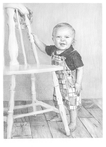 baby standing by a chair pencil portrait from a photo by portrait artist Mike Theuer