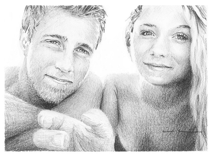 beach couple pencil drawing from a photo by portrait artist Mike Theuer