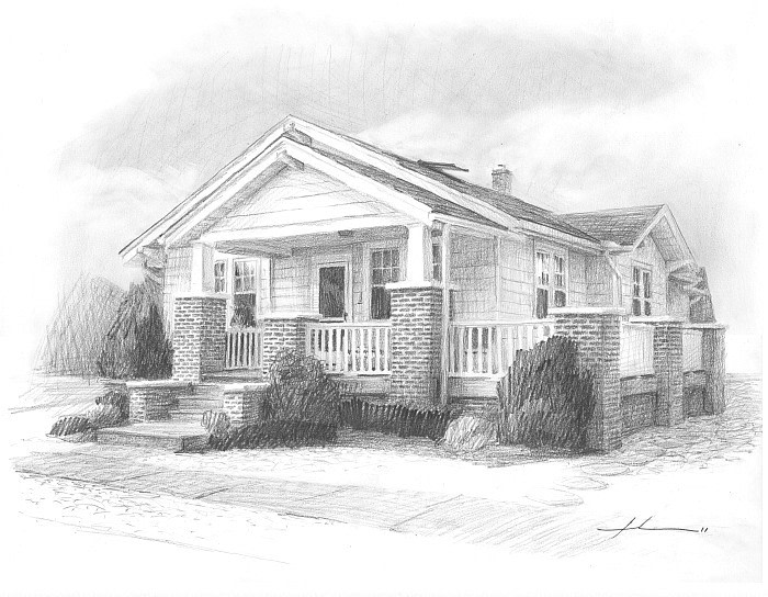 beach house pencil portrait from a photo by portrait artist Mike Theuer