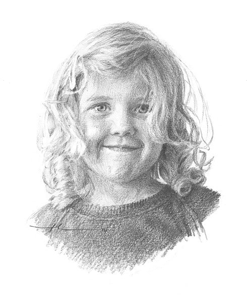 blonde curls girl pencil portrait from a photo by portrait artist Mike Theuer