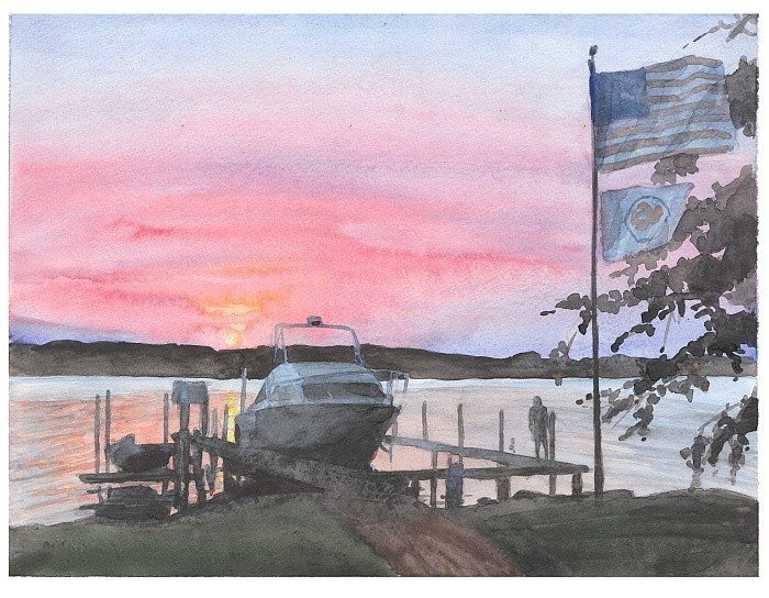 boat sunset watercolor painting by Mike Theuer