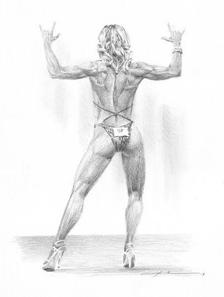 female body builder pencil portrait from a photo by portrait artist Mike Theuer