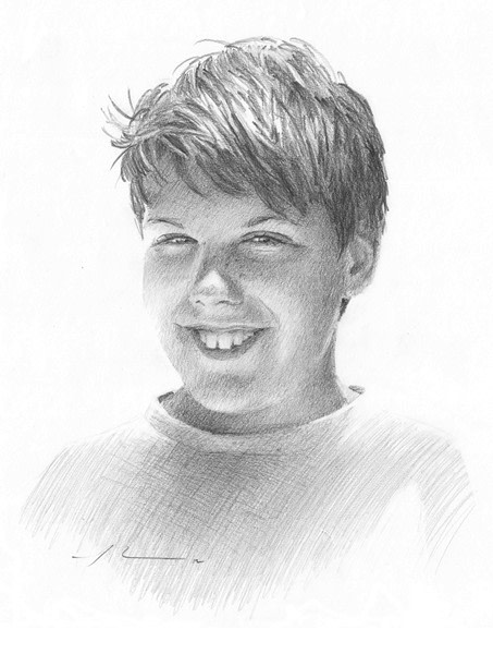 boy on beach drawing from a photo by portrait artist Mike Theuer