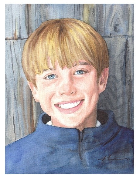 boy winter watercolor painting from a photo by portrait artist Mike Theuer