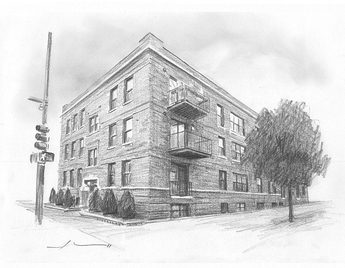 brick condos drawing from a photo by portrait artist Mike Theuer
