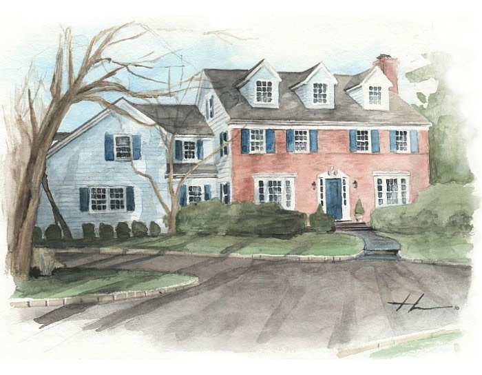 brick house watercolor portrait from a photo by portrait artist Mike Theuer
