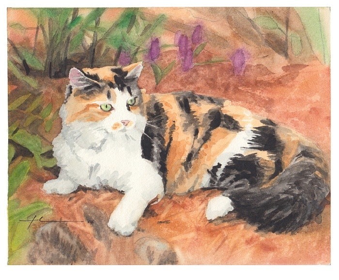 calico cat in garden watercolor painting from a photo by portrait artist Mike Theuer