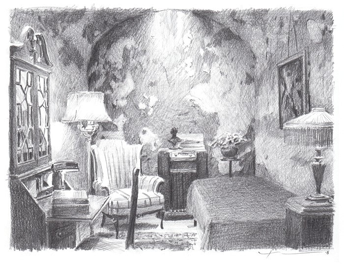 capone cell E penitentiary pencil drawing from a photo by portrait artist Mike Theuer