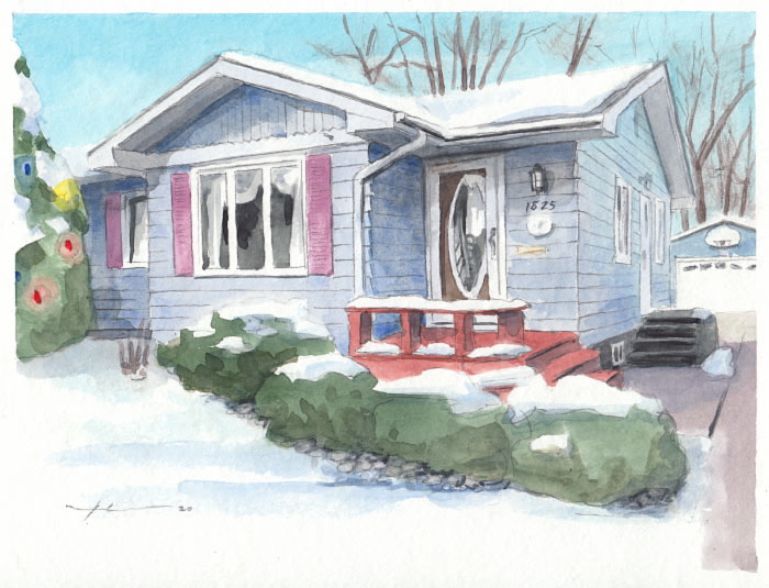 childhood home memory watercolor portrait from a photo by portrait artist Mike Theuer