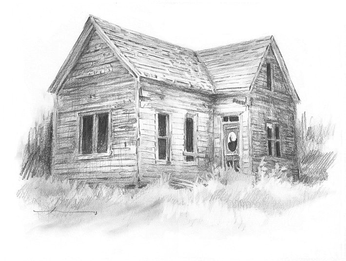 childhood home pencil drawing from a photo by portrait artist Mike Theuer