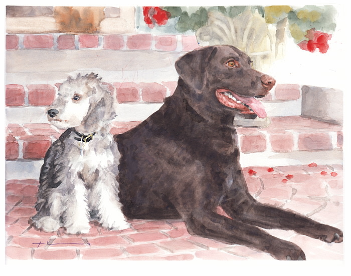 chocolate lab and terrier puppy watercolor portrait from a photo by portrait artist Mike Theuer