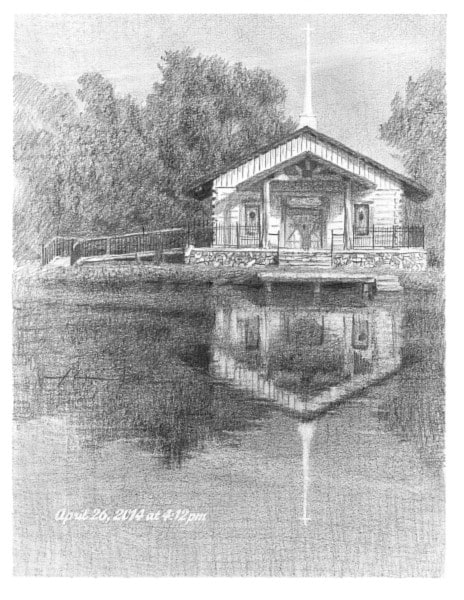 chapel on a lake pencil portrait from a photo by portrait artist Mike Theuer