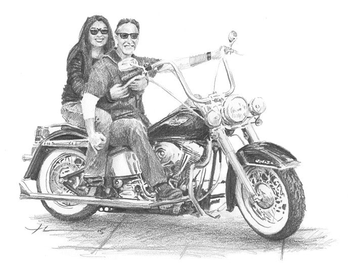 couple on a harley pencil drawing from a photo by portrait artist Mike Theuer