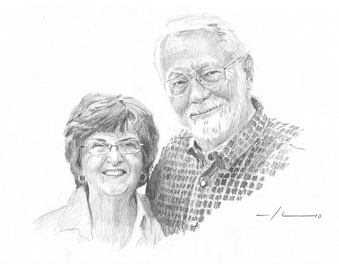 couple pencil drawing from a photo by portrait artist Mike Theuer