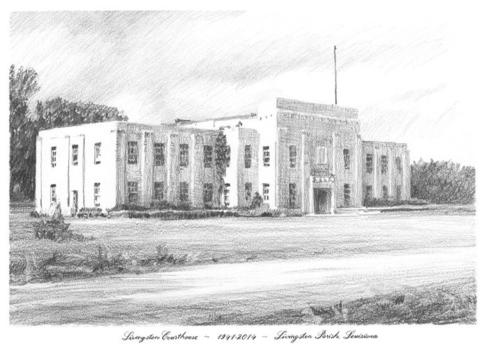 louisiana courthouse four pencil drawing from a photo by portrait artist Mike Theuer