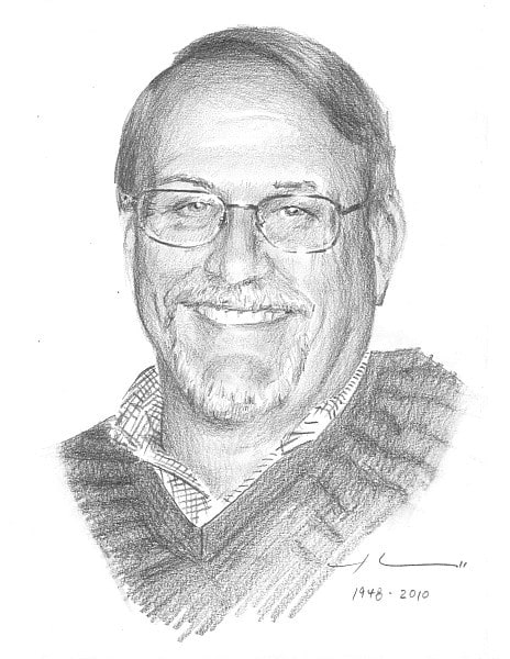 coworker and friend pencil portrait from a photo by portrait artist Mike Theuer