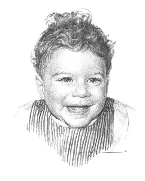 curly hair baby boy pencil portrait from a photo by portrait artist Mike Theuer