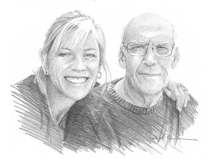 dad and daughter drawing from a photo by portrait artist Mike Theuer