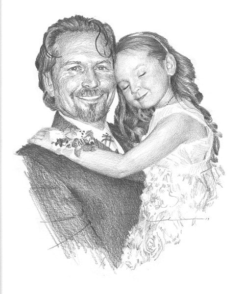 dad and daughter hug pencil portrait from a photo by portrait artist Mike Theuer
