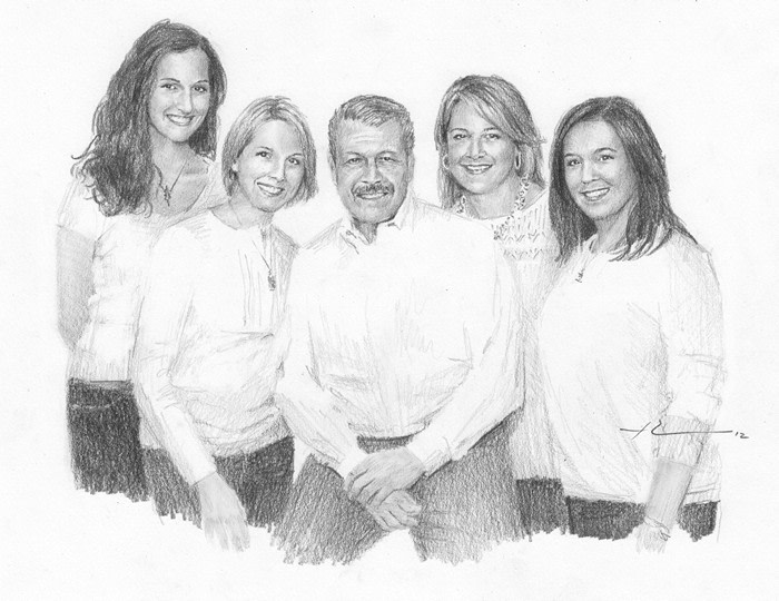 dad and daughters drawing from a photo by portrait artist Mike Theuer