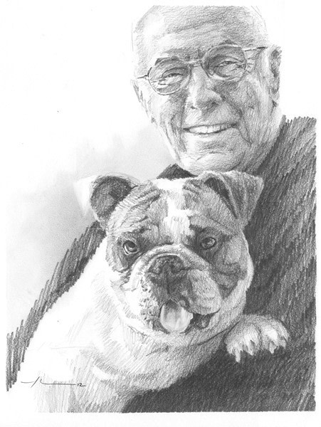 dad and dog drawing from a photo by portrait artist Mike Theuer