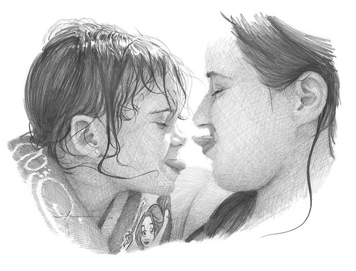 daughter and mom at pool tongues sticking out pencil portrait from a photo by portrait artist Mike Theuer