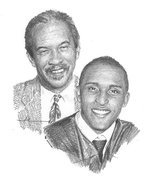 son and his departed dad pencil portrait from a photo by portrait artist Mike Theuer