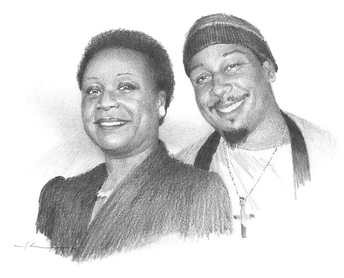 departed mom and son pencil portrait from a photo by portrait artist Mike Theuer