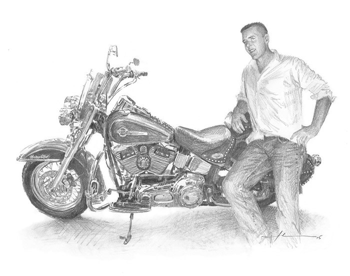 departed nephew and dads harley pencil portrait from a photo by portrait artist Mike Theuer