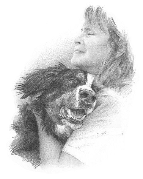 dog and friend pencil portrait from a photo by portrait artist Mike Theuer