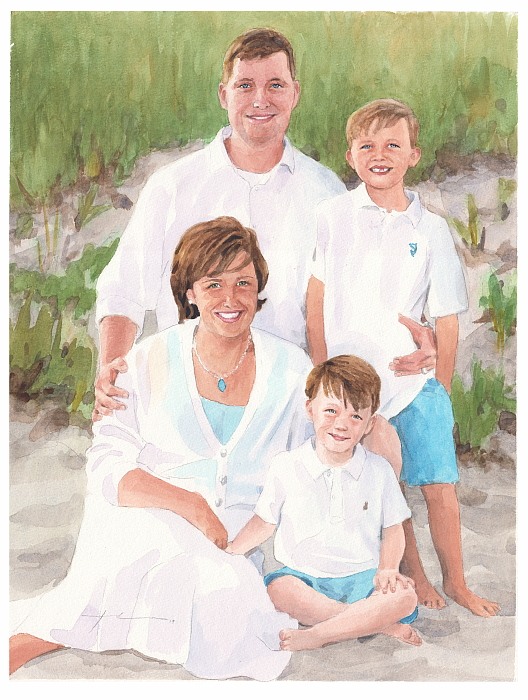 family beach watercolor painting from a photo by portrait artist Mike Theuer