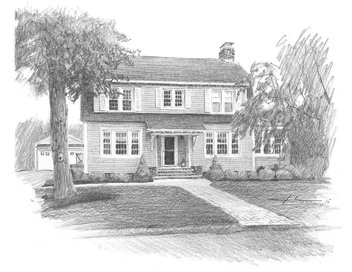 family home pencil drawing from a photo by portrait artist Mike Theuer
