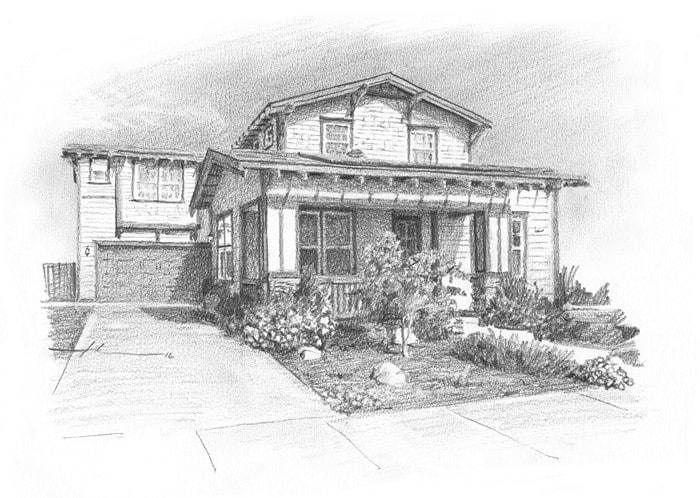 family house garden pencil portrait from a photo by portrait artist Mike Theuer