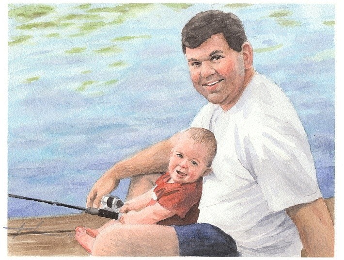 fishing with dad watercolor portrait from a photo by portrait artist Mike Theuer