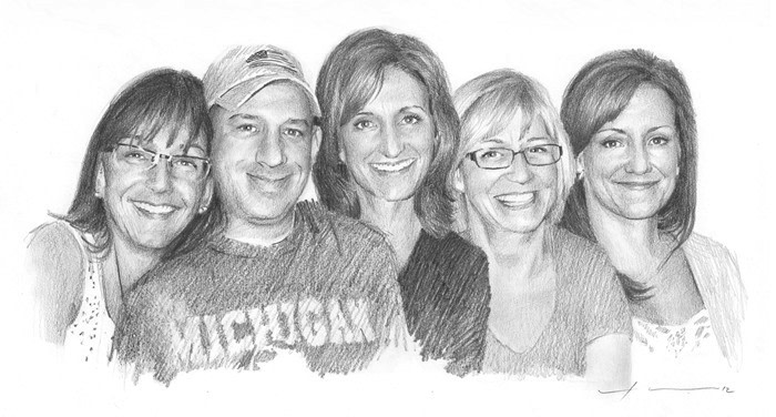five siblings pencil portrait from a photo by portrait artist Mike Theuer