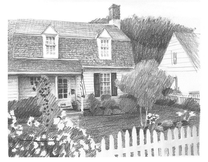 garden cottage pencil portrait from a photo by portrait artist Mike Theuer