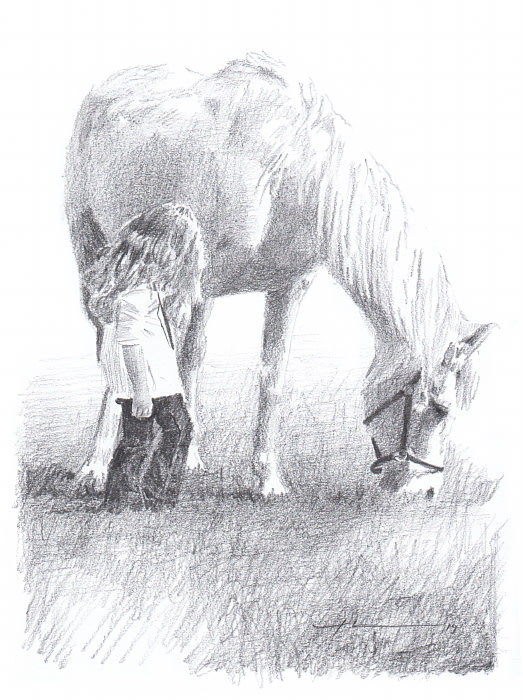 girl and horse pencil portrait from a photo by portrait artist Mike Theuer