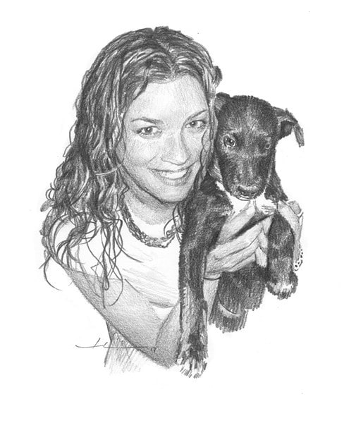 girl long hair and puppy pencil portrait from a photo by portrait artist Mike Theuer