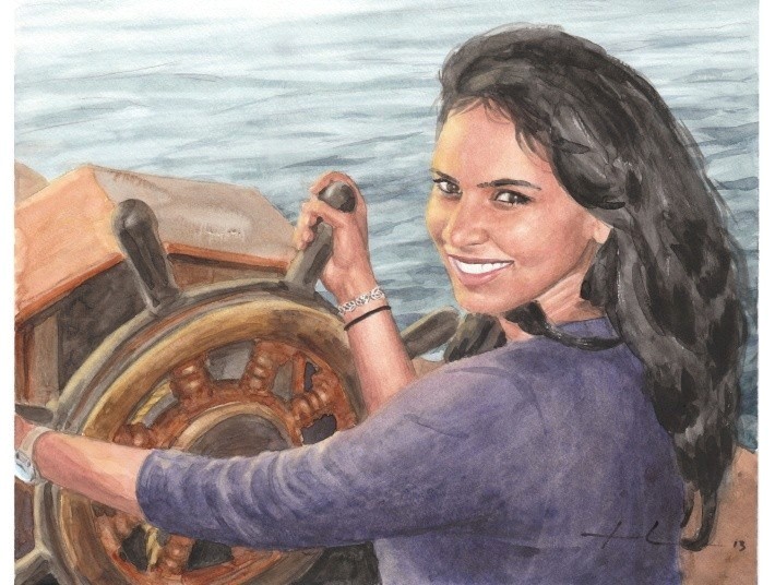 girlfriend sailing watercolor portrait from a photo by portrait artist Mike Theuer