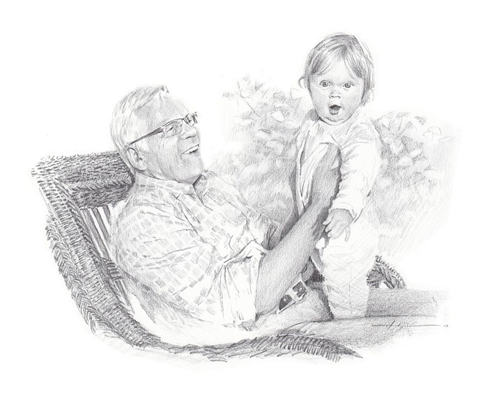 grandfather and granddaughter pencil portrait from a photo by portrait artist Mike Theuer