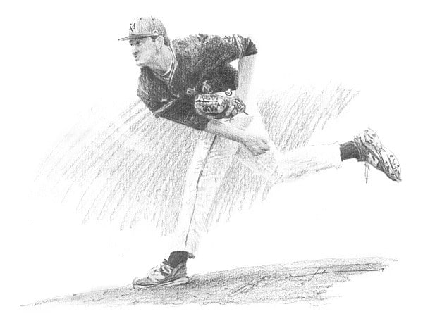 high school pitcher pencil portrait from a photo by portrait artist Mike Theuer