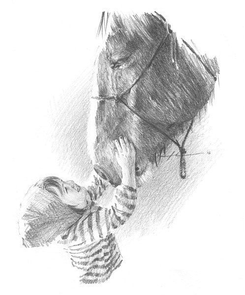 horse and baby girl pencil portrait from a photo by portrait artist Mike Theuer