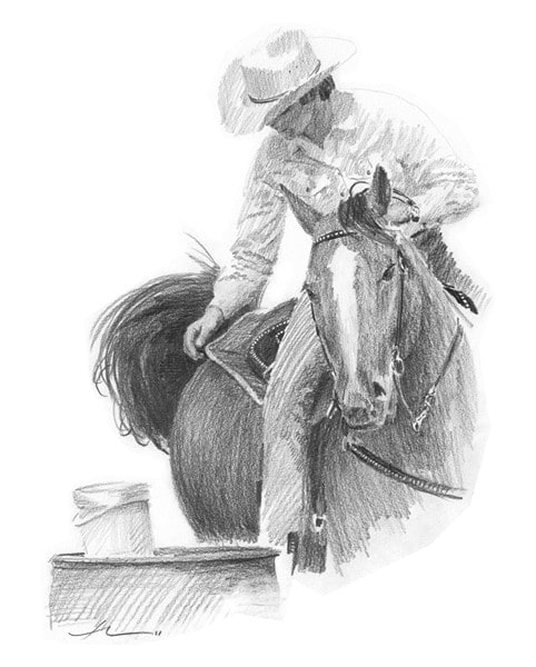 horse rider pencil portrait from a photo by portrait artist Mike Theuer