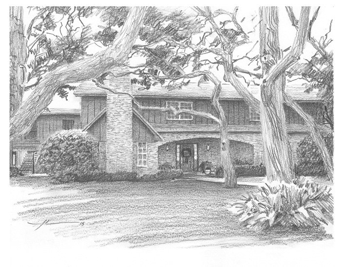house with landscaping pencil drawing from a photo by portrait artist Mike Theuer