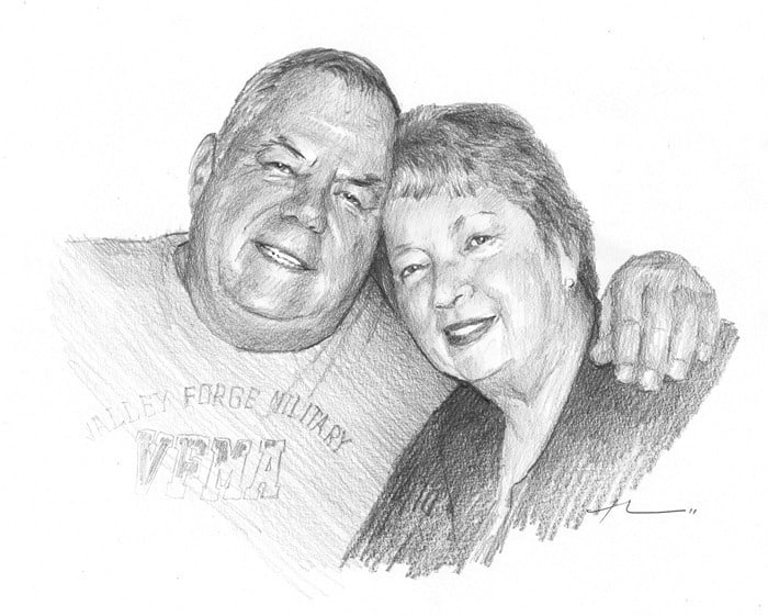 husband and wife drawing from a photo by portrait artist Mike Theuer