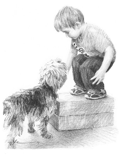 jump boy dog pencil portrait from a photo by portrait artist Mike Theuer