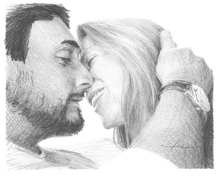 kissing couple pencil portrait from a photo by portrait artist Mike Theuer