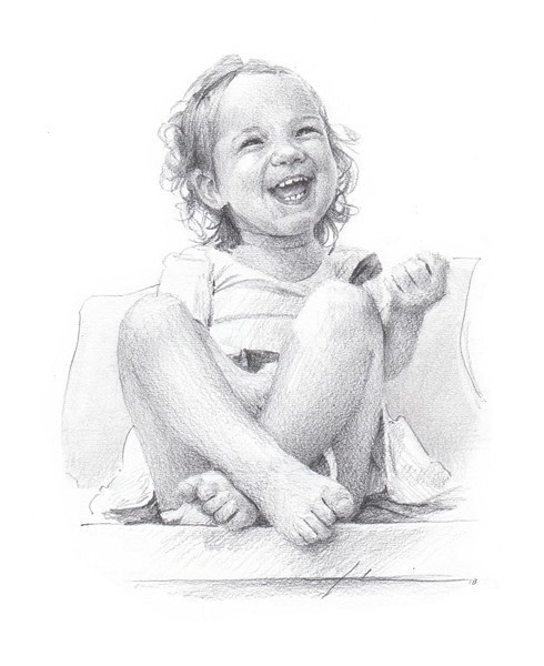 laughing granddaughter pencil portrait from a photo by portrait artist Mike Theuer