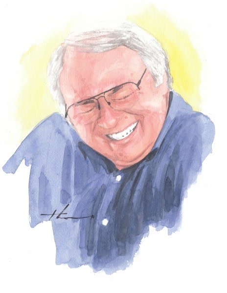 laughing man watercolor portrait from a photo by portrait artist Mike Theuer